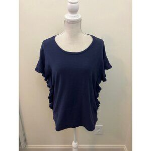 Cotton Bleu Navy Short Sleeve Top Ruffled Sides Size Large